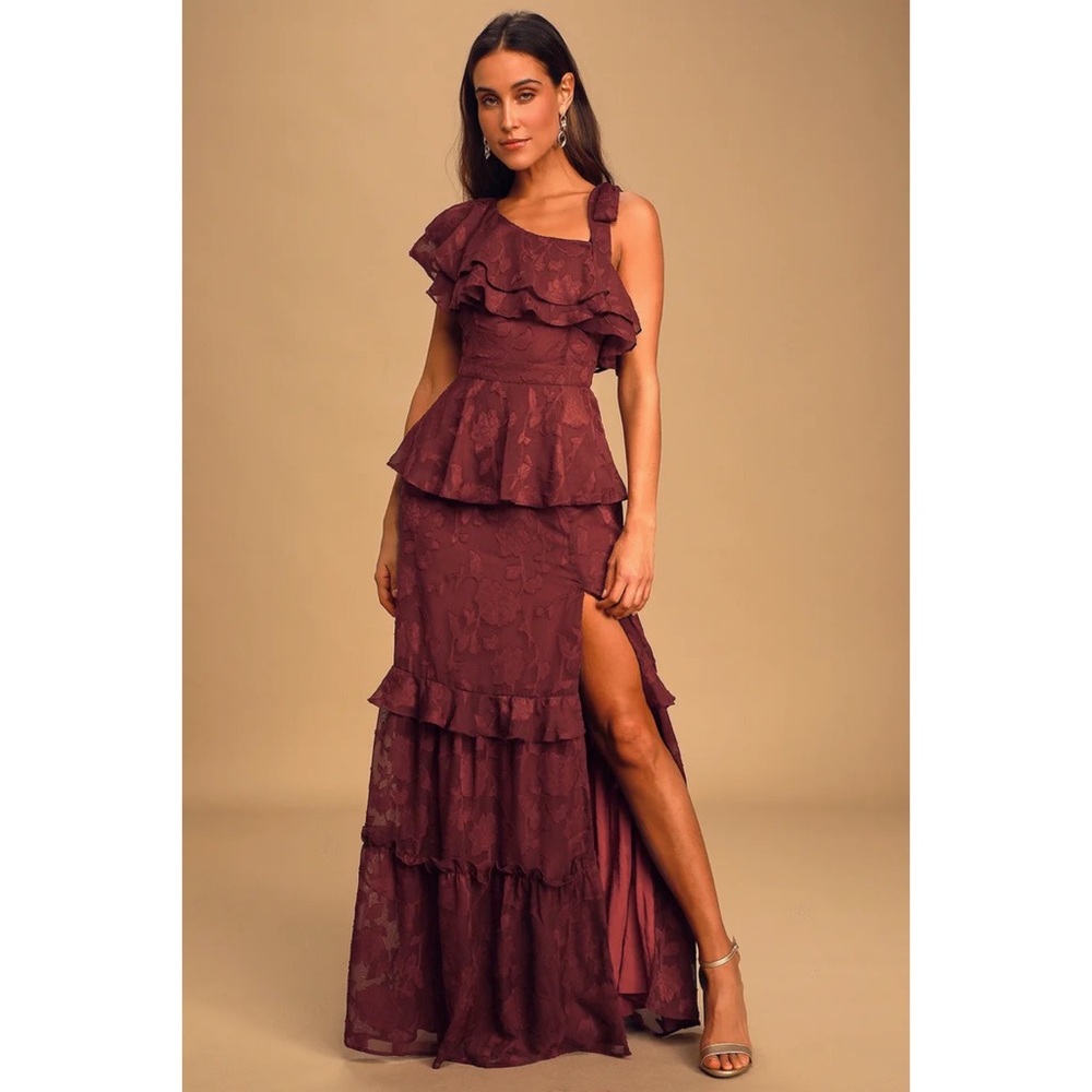 Wine One shoulder ruffled tiered maxi dress